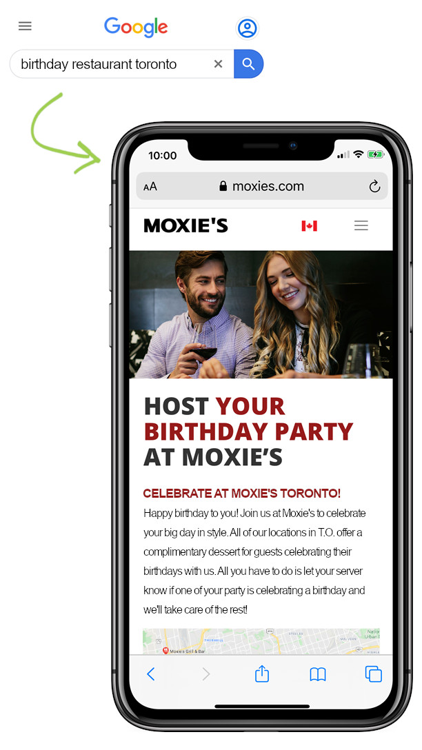 A localized search query for "birthday restaurant toronto" resulting in a localized landing page at Moxie's