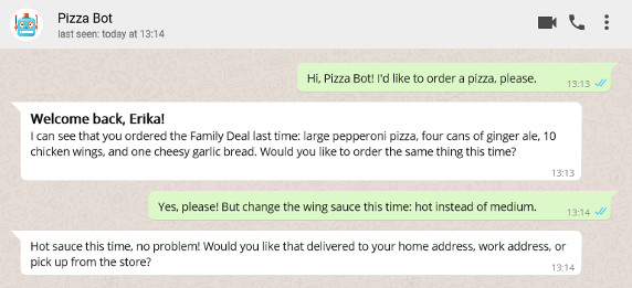 WhatsApp messages with a pizza-ordering chatbot