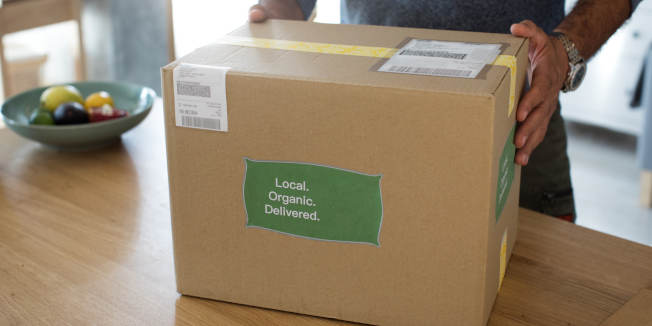 Men received box loaded with organic vegetables from delivery service.