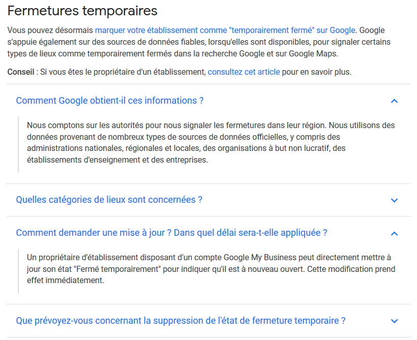 Précisions de Google quant aux fermetures temporaires