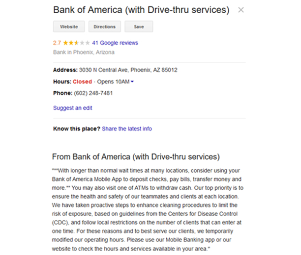 Google My Business description for a branch of Bank of America
