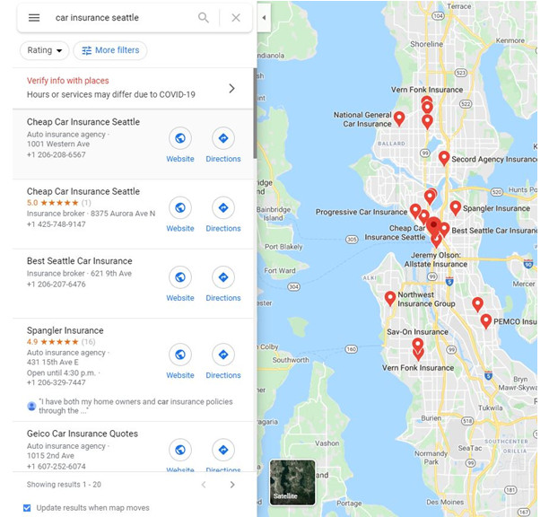 Results in Google Maps for "car insurance Seattle"