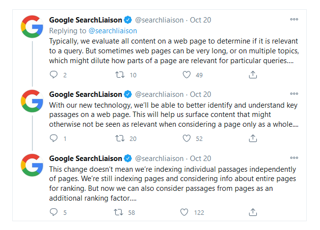 Tweets from Google's search liaison explaining passage indexing