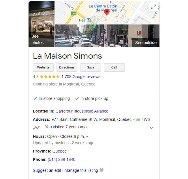 Google My Business listing for a Simons department store