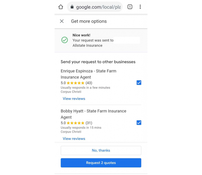 Google knowledge panel encouraging user to request quotes from other businesses