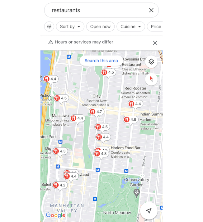 Restaurant average ratings appearing directly on Google Maps