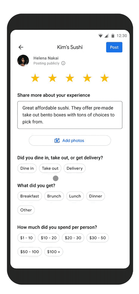 Más detalles añadidos al formato de reseñas de restaurantes de Google