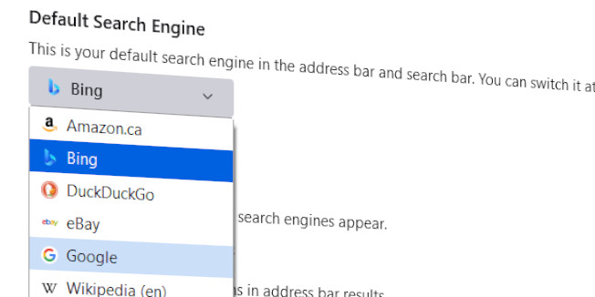 Configuración predeterminada del motor de búsqueda en Mozilla Firefox