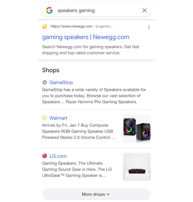New "Shops" section on Google mobile search results