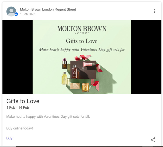 Google Post by Molton Brown advertising a Valentine's Day promotion