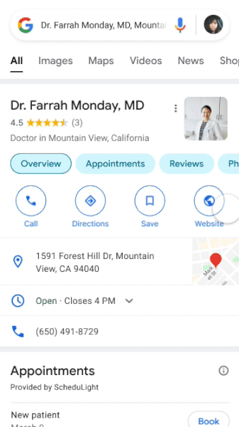 Booking a healthcare appointment via Google