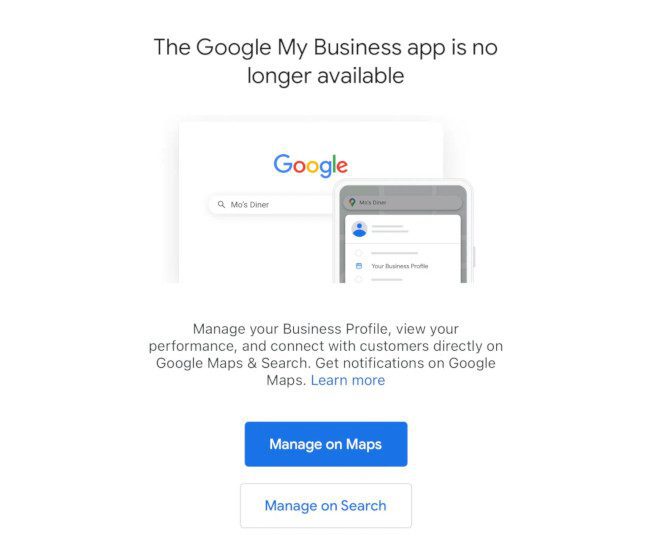Nachricht, die zeigt, dass die Google Business Profile App eingestellt wurde