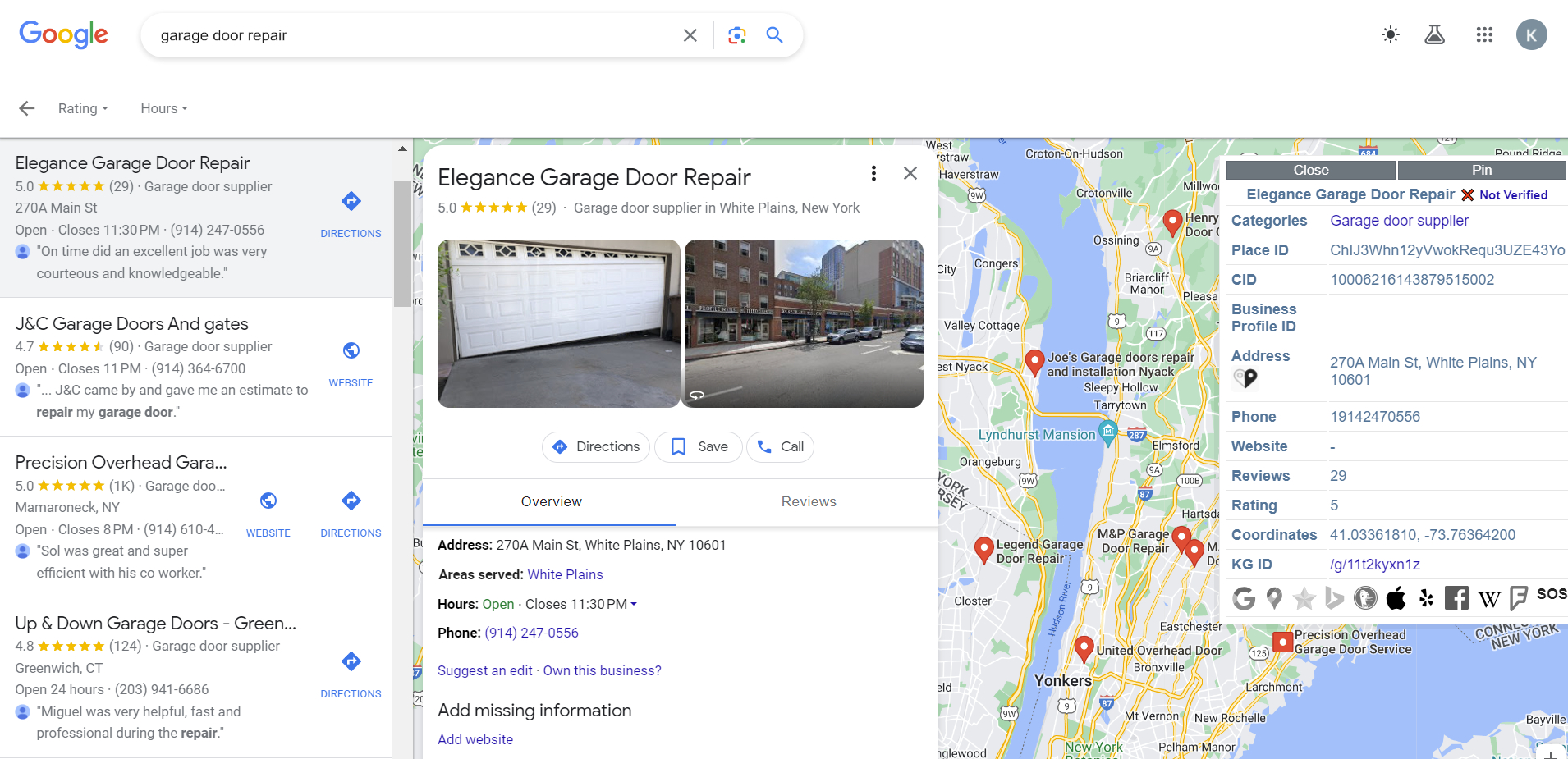 An unverified Google My Business (GMB) listing for a garage door repair company.