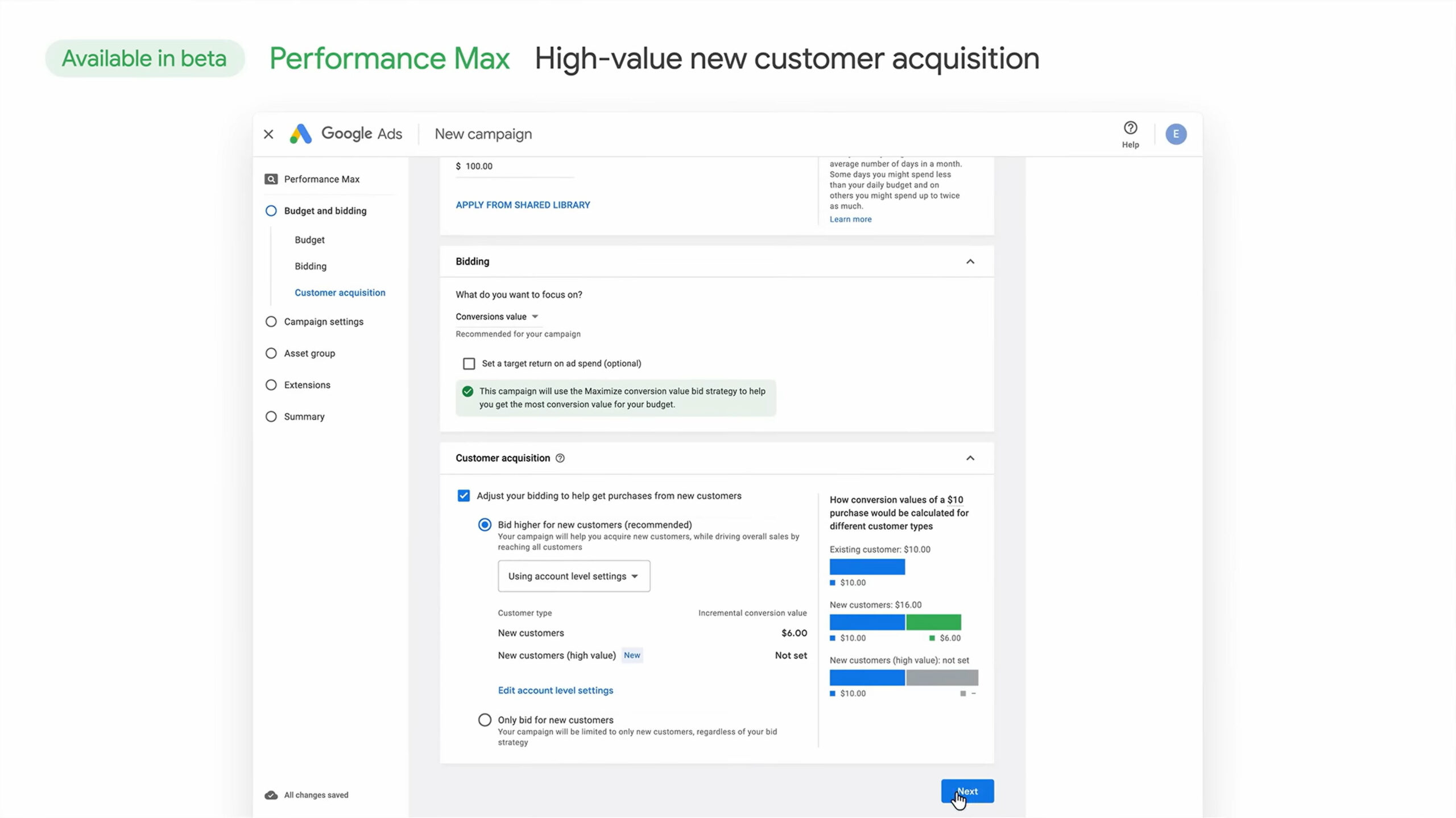 High-value new customer acquisition in Google Performance Max.