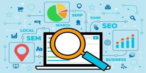 Illustration depicting SEO concepts with a laptop, magnifying glass, charts, and icons related to search engine optimization.