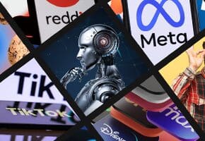 Imagen con logotipos de redes sociales y tecnología, incluyendo TikTok, Reddit, Meta y Disney, junto a una ilustración de un robot humanoide.