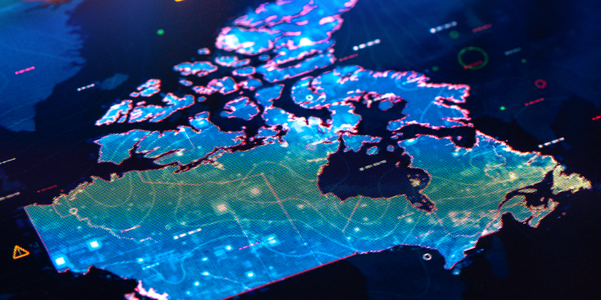 Digital map of Canada with highlighted borders and topography in glowing blue and green.