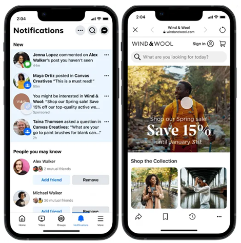 Alt text: Two smartphone screens displaying a notifications page and an online shop with a spring sale advertisement.