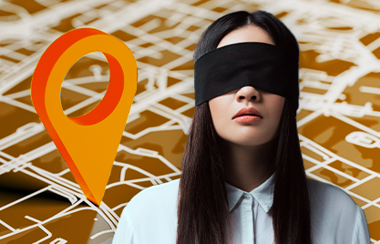 A woman wearing a blindfold with a large location pin symbol on top of a map background.