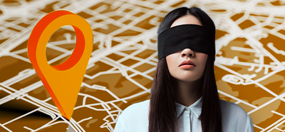 A person with a blindfold in front of a digital map and a large map pin icon.