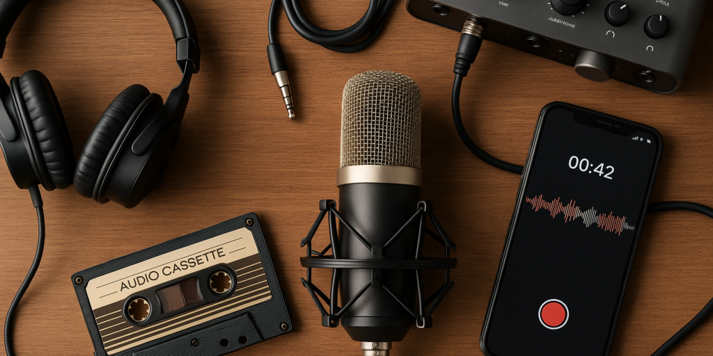 Auriculares, micrófono, casete de audio, teléfono mostrando grabación de sonido y equipo de audio sobre una mesa de madera.