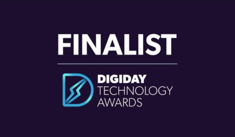 "Finalist Digiday Technology Awards" text with a blue and white logo on a dark background.