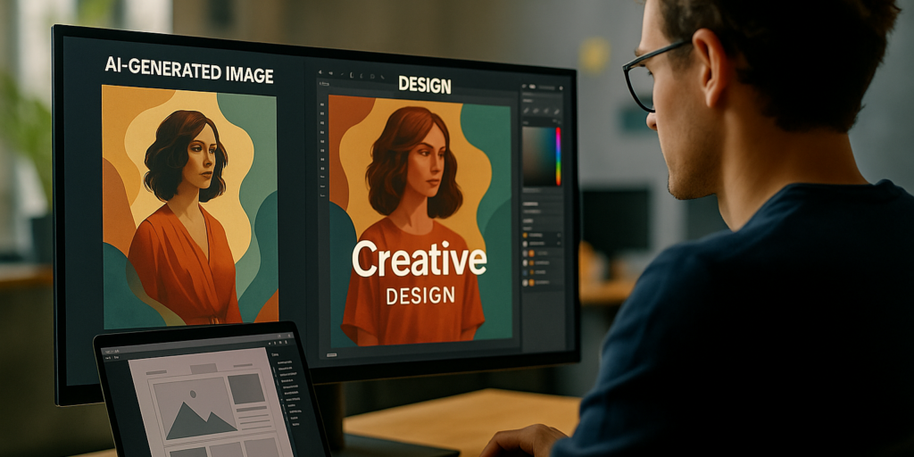 A person wearing glasses works on a computer with a monitor displaying a design project. The screen shows an AI-generated image of a woman with the words "Creative Design" overlaid. A laptop with a layout design open is visible in the foreground.