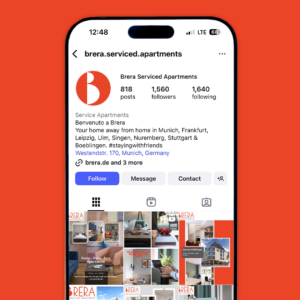 Instagram profile of Brera Serviced Apartments with 818 posts, 1,560 followers, and 1,640 following. The description mentions locations in Germany and a link to their website.
