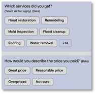 Alt text: Survey options for service selection and price description, including flood restoration, remodeling, and price categories like great and reasonable.