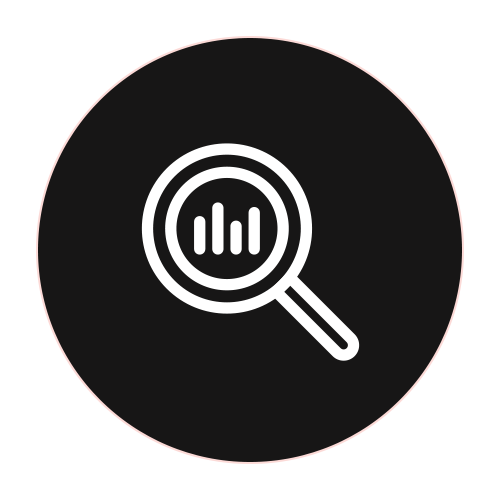 Icon of a magnifying glass with a bar chart inside on a black circle background.