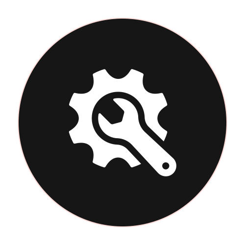 Icon of a white wrench on a black gear inside a black circle.