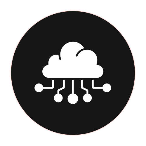 Cloud computing icon with a cloud and network nodes inside a black circle.