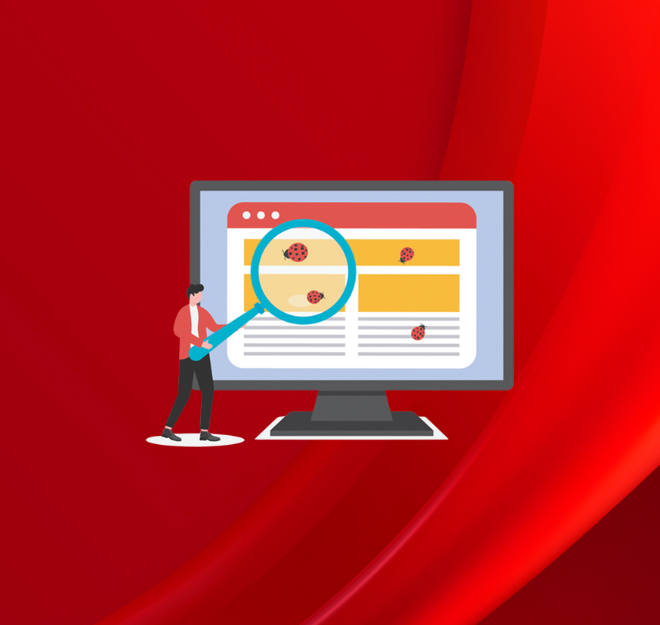 Un homme tenant une loupe examine un écran d'ordinateur avec des coccinelles sur un site web, sur un fond rouge.