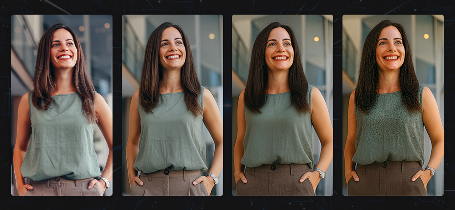 Woman with long dark hair and a gray sleeveless top smiling, depicted in four slightly varied portraits.