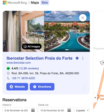 Hotel listing for Iberostar Selection Praia do Forte, featuring an image of a resort pool, location details, review rating, and contact information.