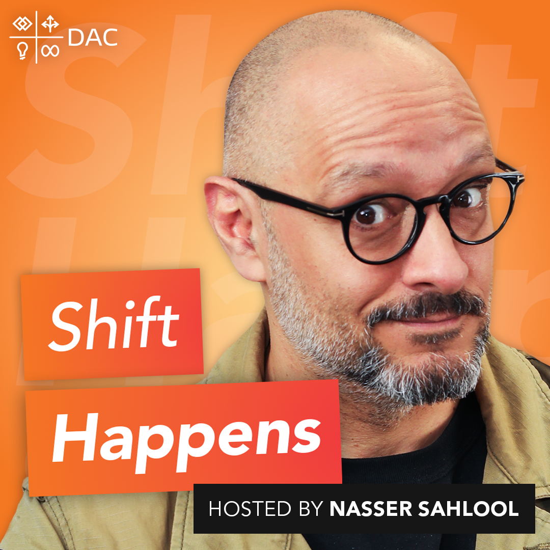 “Shift Happens” podcast cover featuring the host, a bald man with glasses, set against an orange background with text indicating the show's title and host's name.