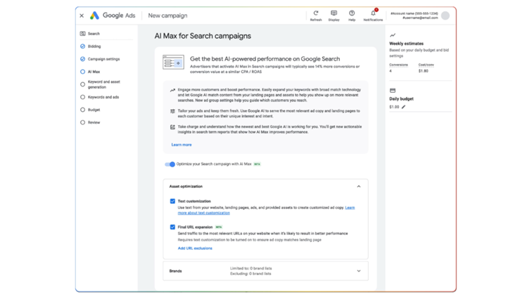 Google Ads interface showing "AI Max for Search campaigns" setup, with options for asset optimization and budget estimation.