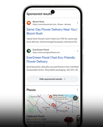 Mobile phone screen showing a Google search results page with sponsored listings for flower delivery services and a map of local florists.