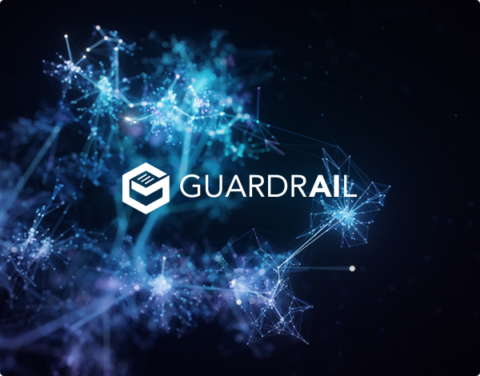 A glowing digital network with the word "GUARDRAIL" and a cube logo in the center.