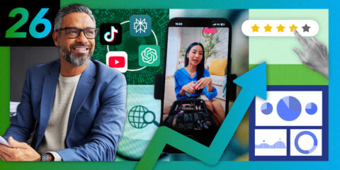 A man smiling, icons of TikTok, YouTube, and other apps, a woman on a smartphone screen explaining cosmetics, a hand rating four stars, and upward-trending graphs.