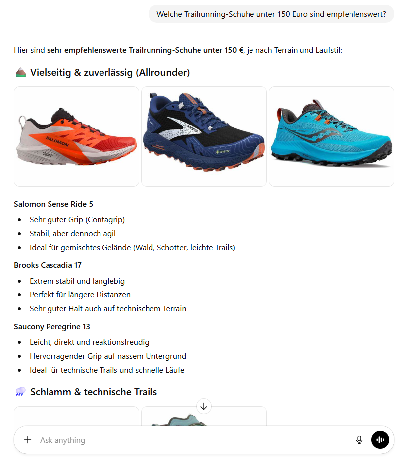 Trailrunning-Schuhe unter 150 Euro mit Empfehlungen für verschiedene Modelle: Salomon Sense Ride 5, Brooks Cascadia 17, Saucony Peregrine 13.