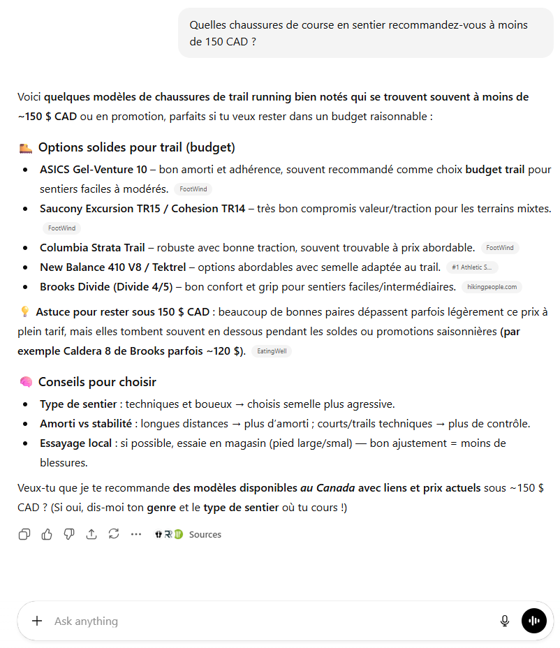 Quelles chaussures de course en sentier recommandez-vous à moins de 150 CAD ? Voici quelques modèles de chaussures de trail running bien notés qui se trouvent souvent à moins de ~150 $ CAD ou en promotion : Options solides pour trail (budget) : ASICS Gel-Venture 10 – bon amorti et adhérence, souvent recommandé comme choix budget trail pour sentiers faciles à modérés. Saucony Excursion TR15 / Cohesion TR14 – très bon compromis valeur/traction pour les terrains mixtes. Columbia Strata Trail – robuste avec bonne traction, souvent trouvable à prix abordable. New Balance 410 V8 / Tektrel – options abordables avec semelle adaptée au trail. Brooks Divide (Divide 4/5) – bon confort et grip pour sentiers faciles/intermédiaires. Astuce pour rester sous 150 $ CAD : beaucoup de bonnes paires dépassent parfois légèrement ce prix à plein tarif, mais elles tombent souvent en dessous pendant les soldes ou promotions saisonnières (par exemple Caldera 8 de Brooks parfois ~120 $). Conseils pour choisir : Type de sentier : techniques et boueux → choisis semelle plus agressive. Amorti vs stabilité : longues distances → plus d’amorti ; courts/trails techniques → plus de contrôle. Essayage local : si possible, essaie en magasin (pied large/smal) — bon ajustement = moins de blessures. Veux-tu que je te