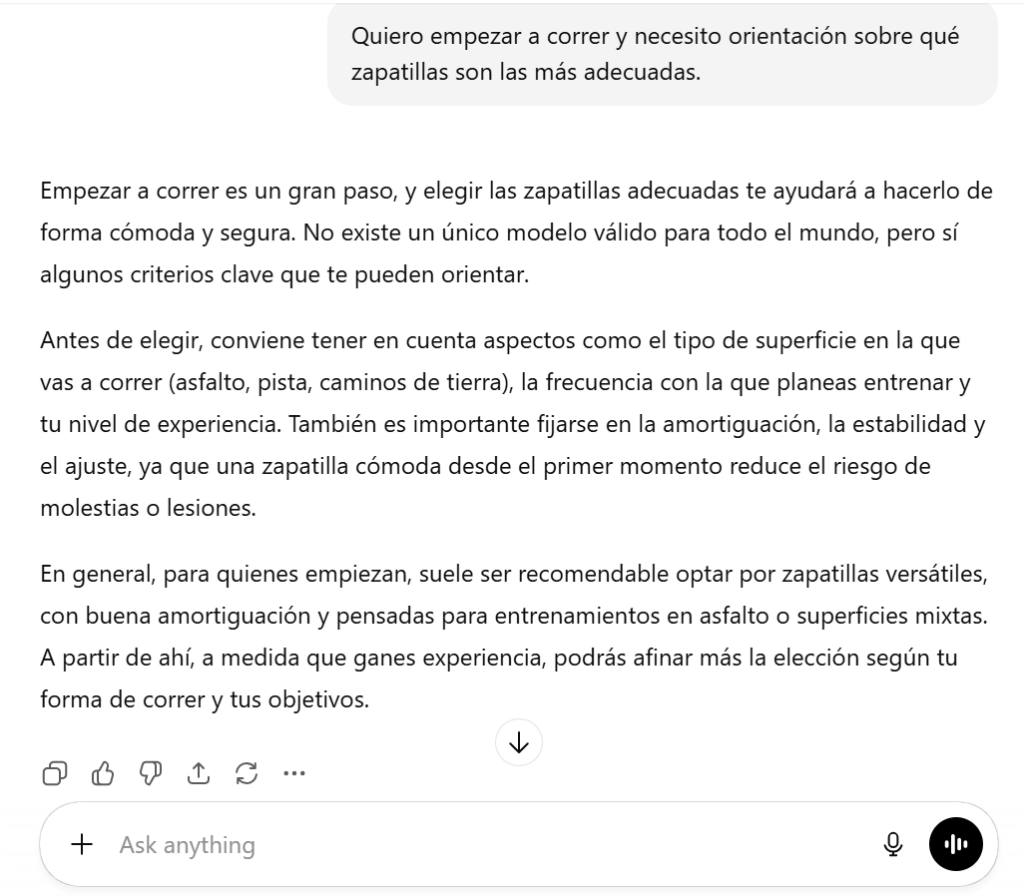 Texto sobre la elección de zapatillas para correr, con consejos sobre superficie, frecuencia, experiencia, amortiguación y ajuste.