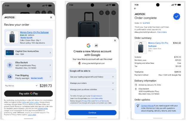 Alt text: Three mobile screens showing a Monos suitcase purchase process. The first screen is the order review with payment options; the second is creating a Monos account with Google; the third is the order confirmation summary with delivery details.