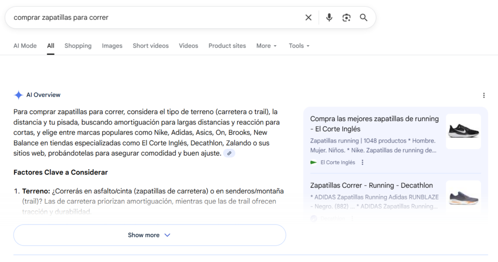 Pantalla de resultados de búsqueda para 