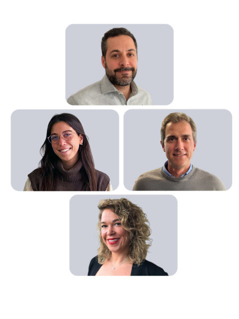 Cuatro retratos de personas en un diseño de cuadrícula, sobre fondo gris claro.