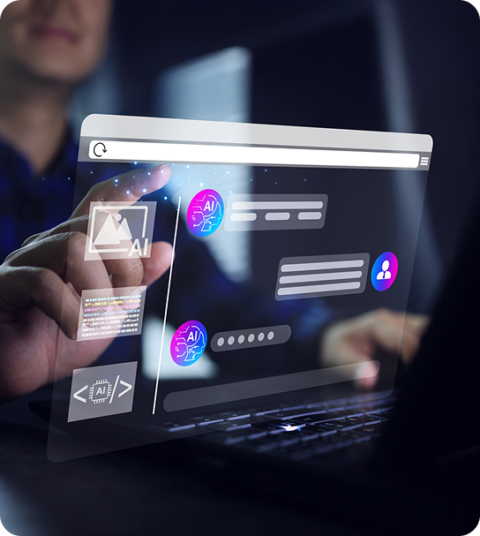 A person interacting with a futuristic, transparent digital interface displaying AI-related icons and graphics, positioned in front of a laptop.