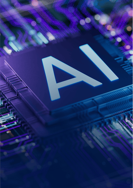 Close-up of a computer chip with "AI" written on it, surrounded by glowing circuit lines.