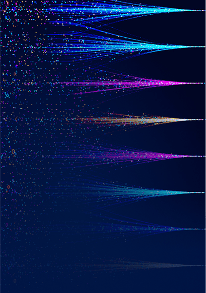 Abstract digital art with vibrant, multicolored streaks and dots against a dark blue background, creating a dynamic, swirling effect.