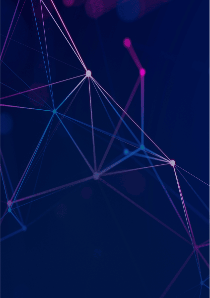 Abstract geometric network of interconnected lines and points on a dark blue background with pink and blue highlights.